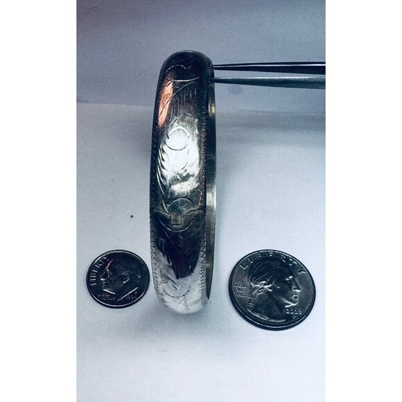 Vintage 925 Sterling Silver Engraved Hinged Bangle Bracelet Size 7.25 Estate - Picture 8 of 10